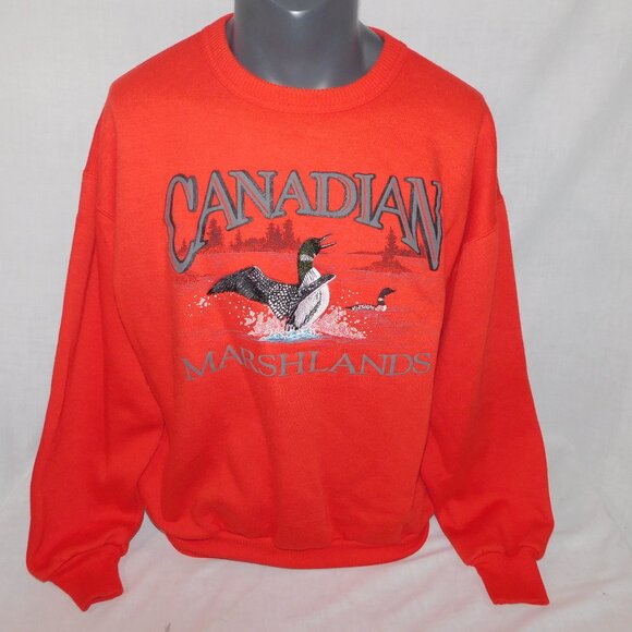 Vintage Marshlands Canada Red Embroidered Loon Bird Crewneck Sweatshirt Mens L - Picture 1 of 7